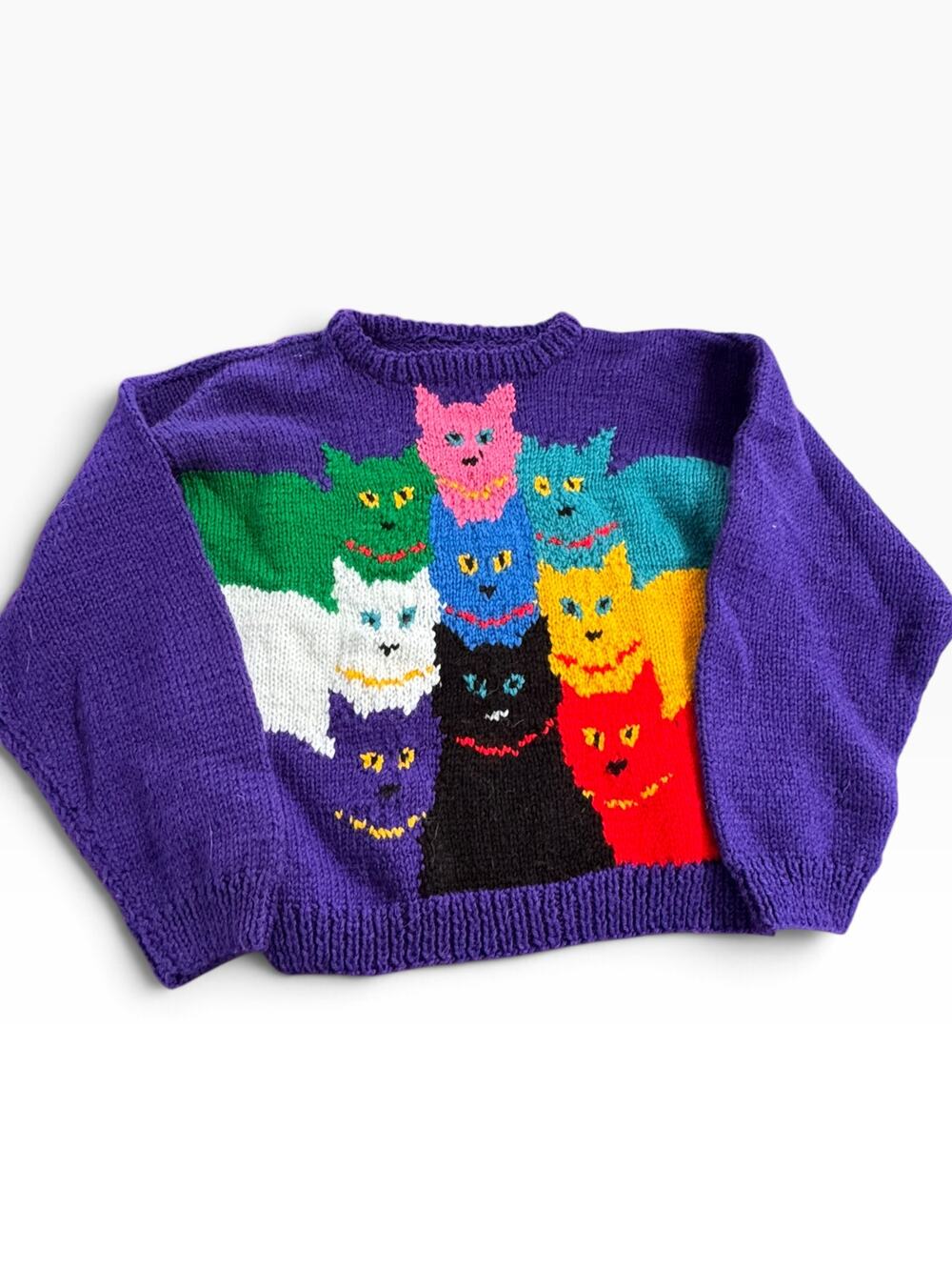 Vintage 80s Hand-Knit Rainbow Cat Sweater Purple Novelty Pullover S/M